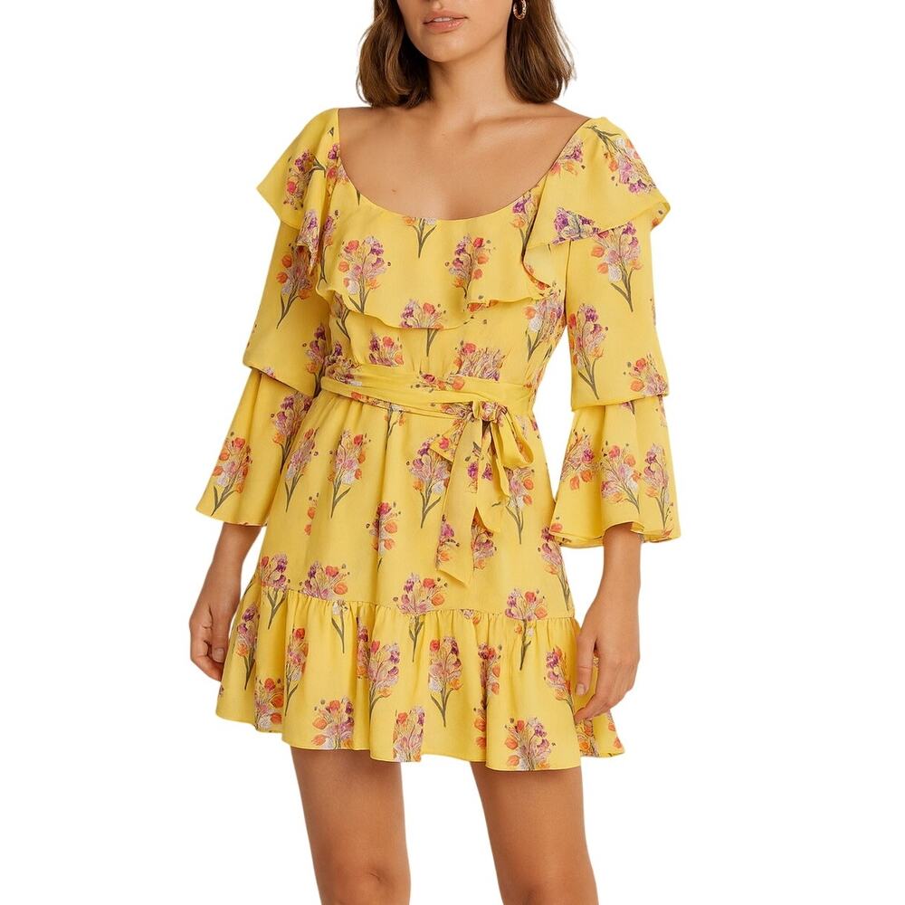 Borgo de Nor Yellow Floral Tulip Lily Mini Dress‎ Size UK 8 US 4